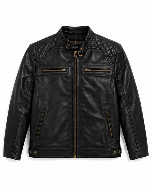 Black quilted biker jacket - front