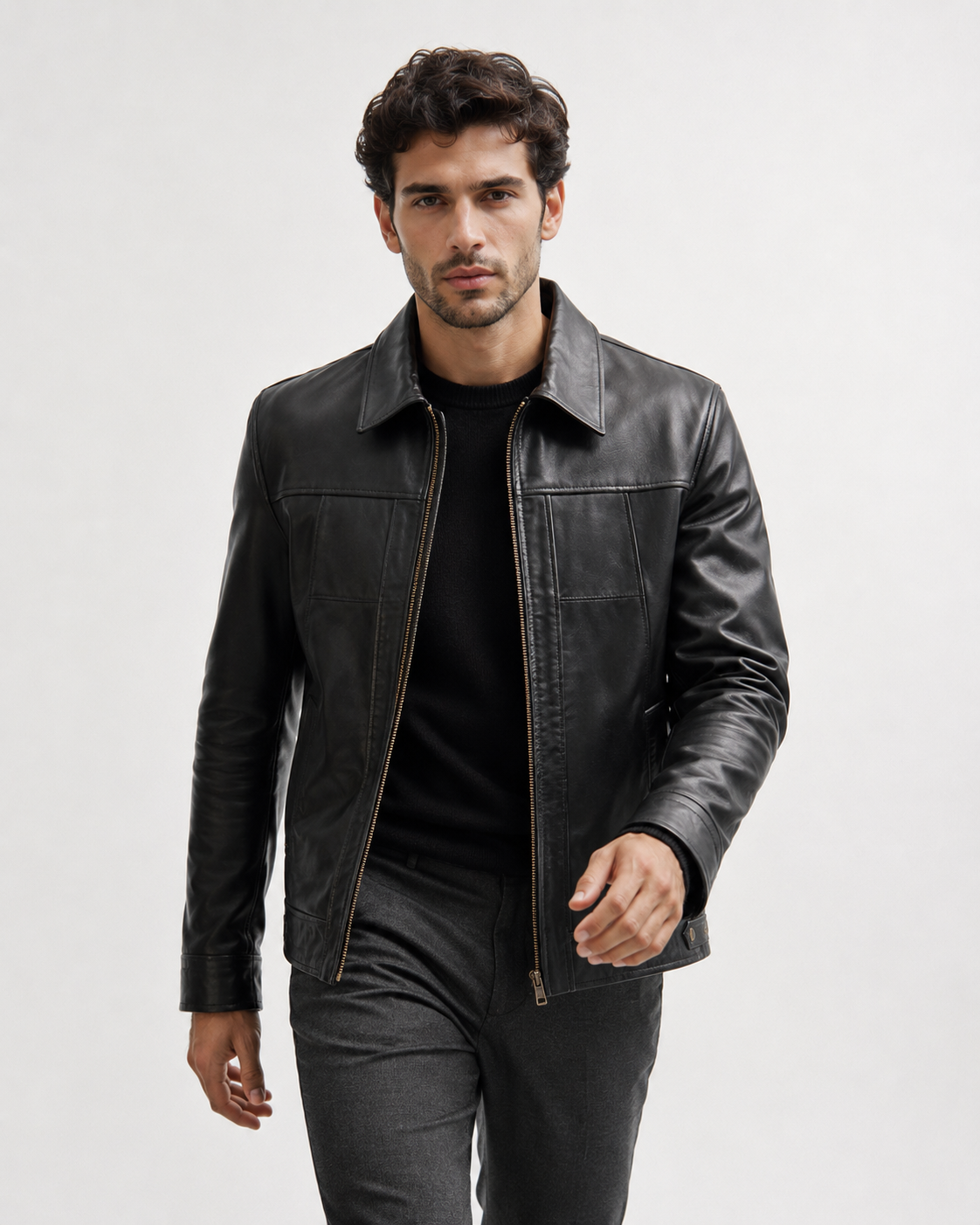 Men's Black Trucker Jacket - walking front