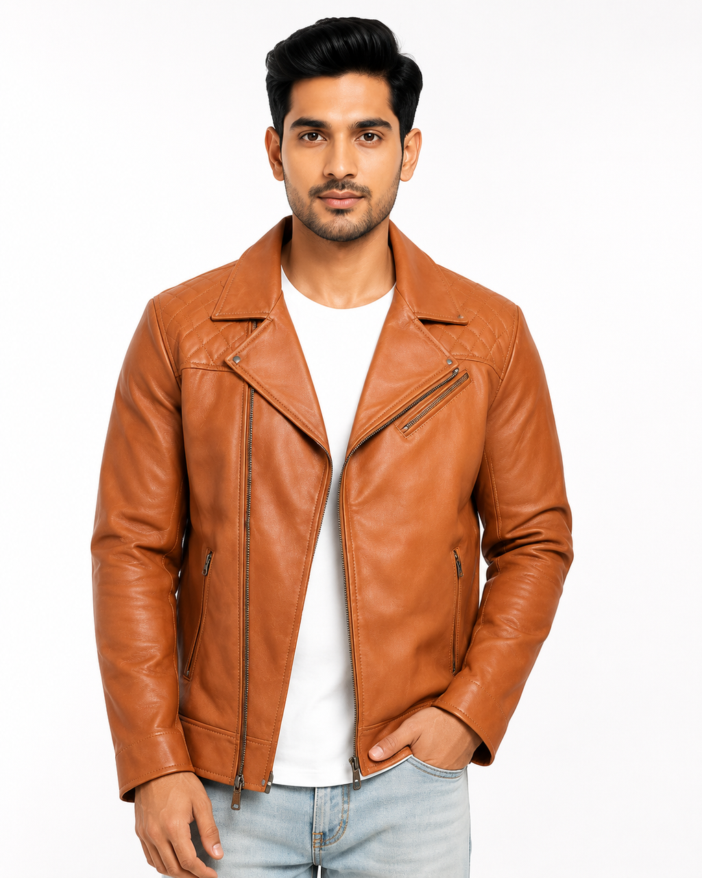 Men's Tan Biker Jacket - front