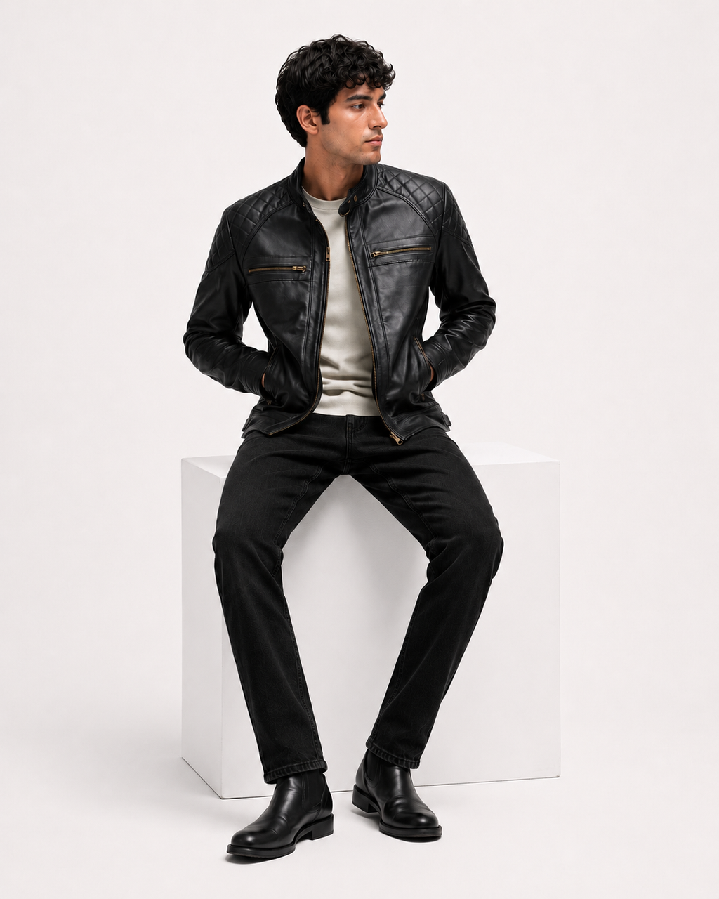 Men's Black Quilted Cafe Racer Jacket - seated