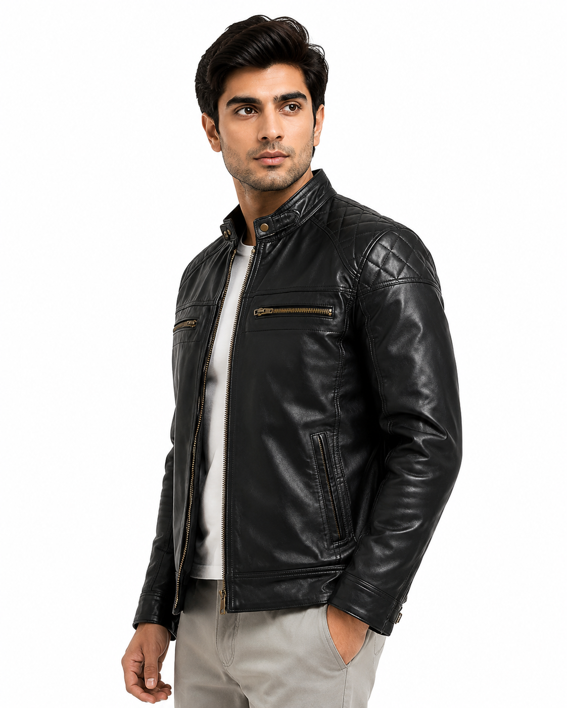Men's Black Quilted Biker Jacket - front angle right