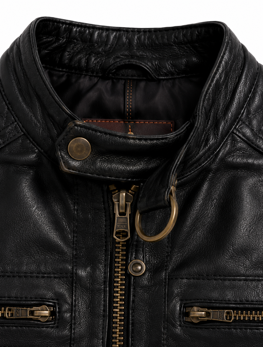 Men's Black Quilted Biker Jacket - collar zipper detail