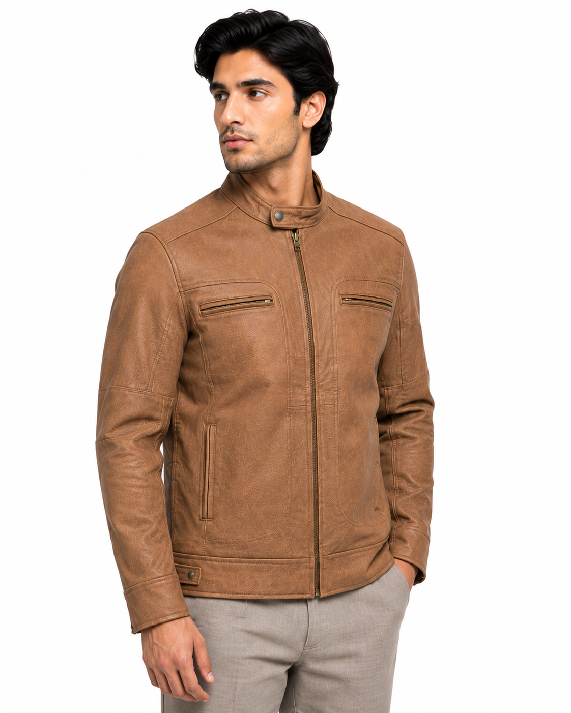 Men's Tan Cafe Racer Jacket - front angle