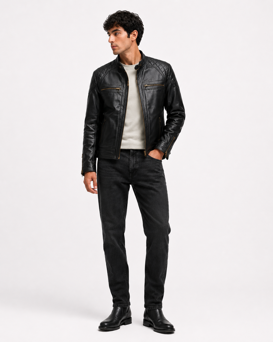 Men's Black Quilted Cafe Racer Jacket - front standing