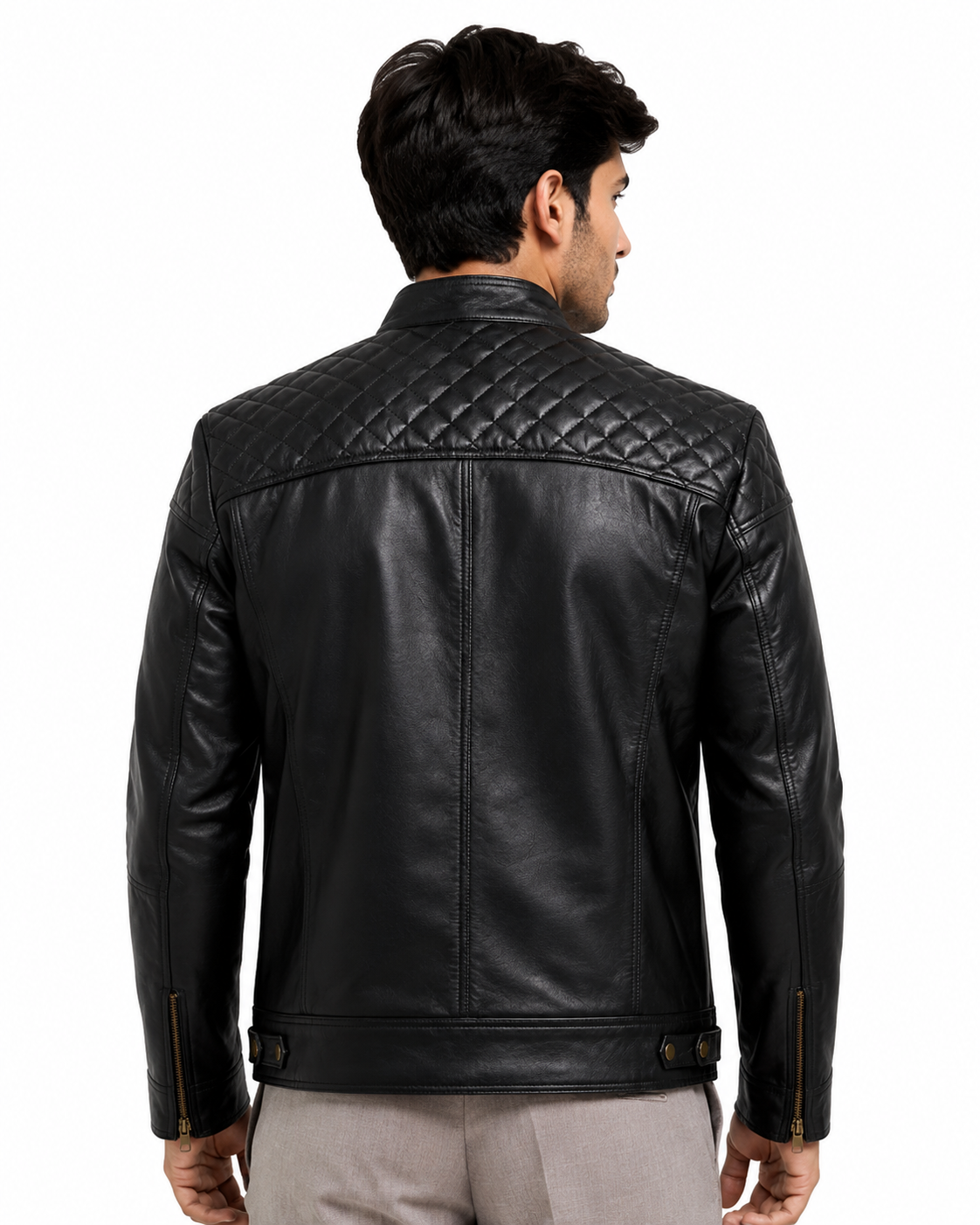 Men's Black Quilted Biker Jacket - back