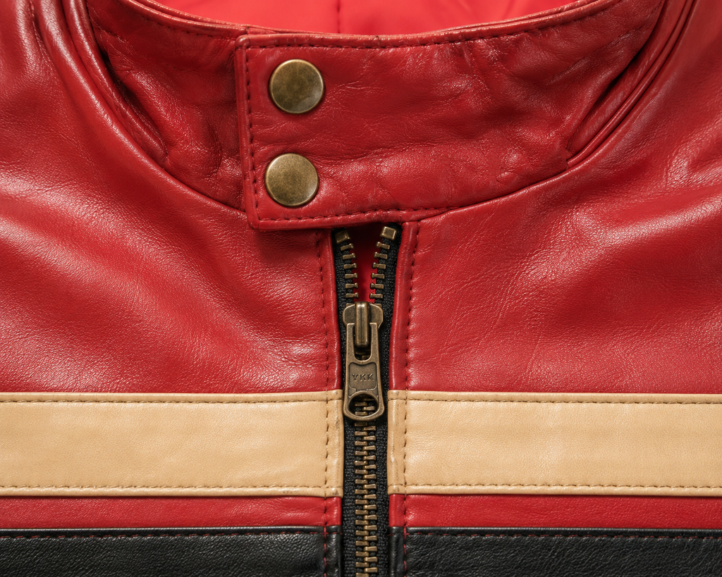Men's Red Racing Stripe Jacket - collar snaps detail