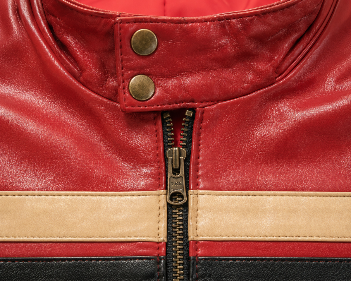 Men's Red Racing Stripe Jacket - collar snaps detail