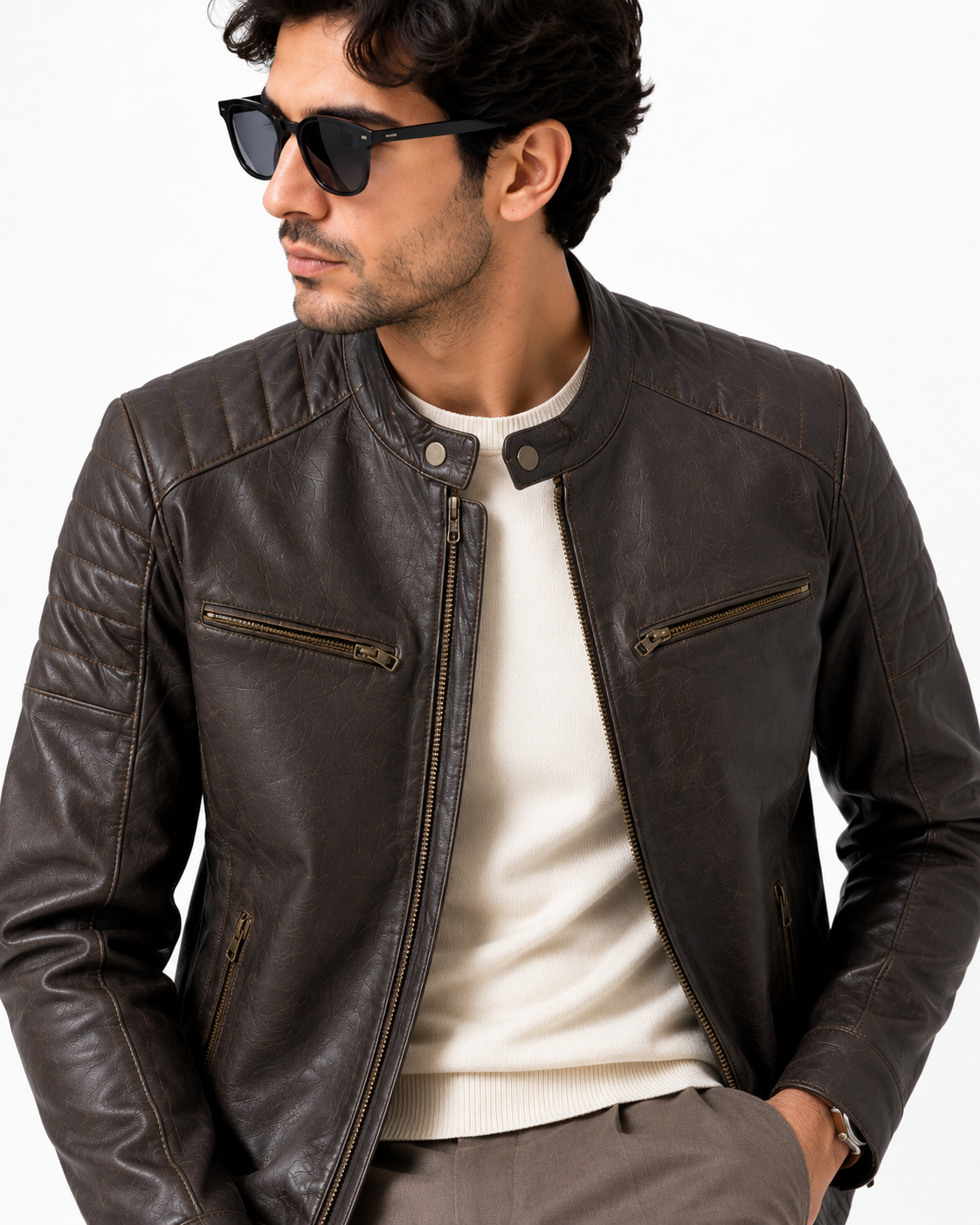 Men's Brown Cafe Racer Jacket - front closeup