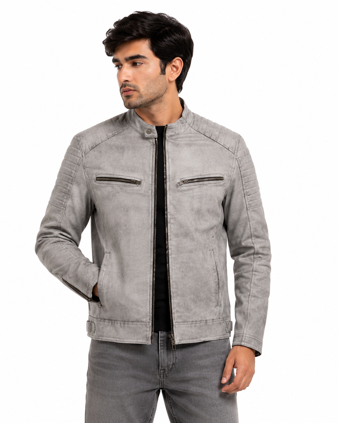 Men's Grey Cafe Racer Jacket - front angle