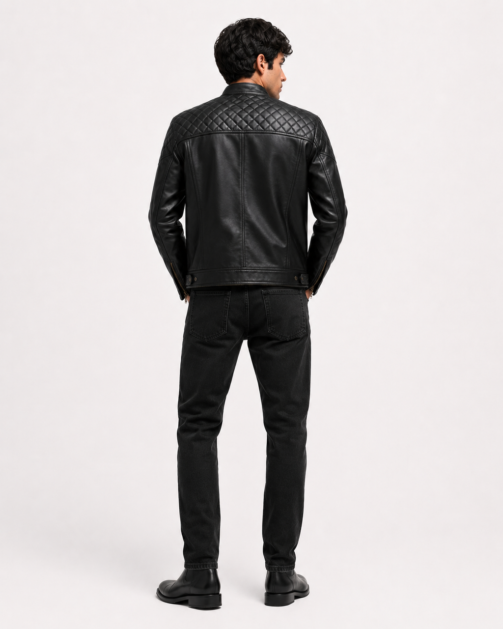 Men's Black Quilted Cafe Racer Jacket - back
