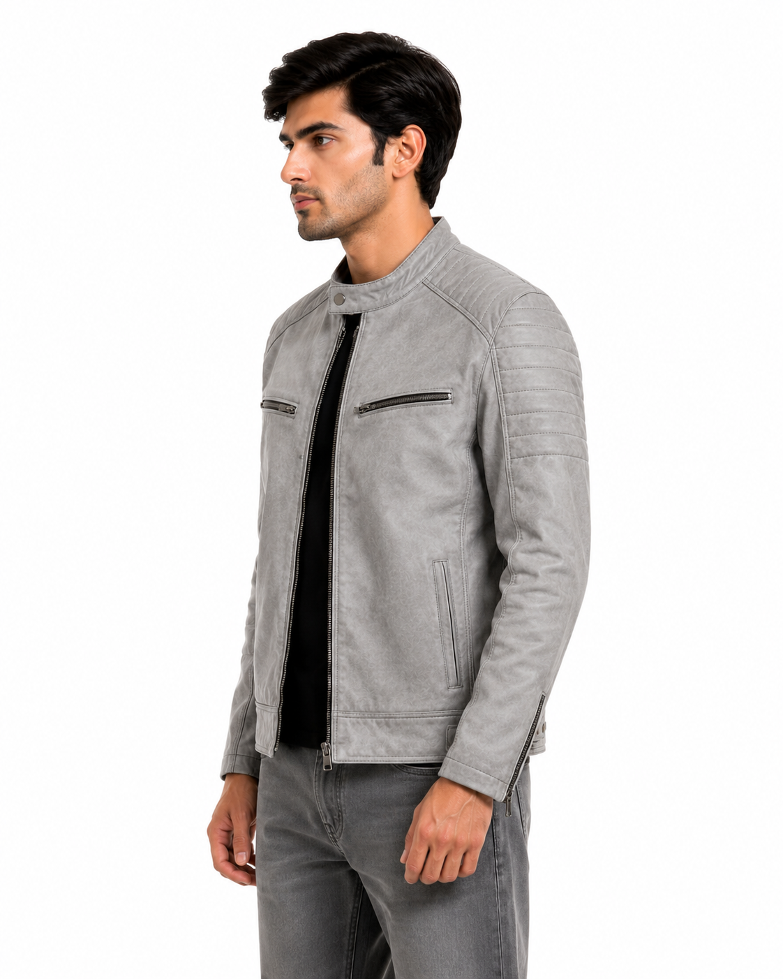 Men's Grey Cafe Racer Jacket - front angle left
