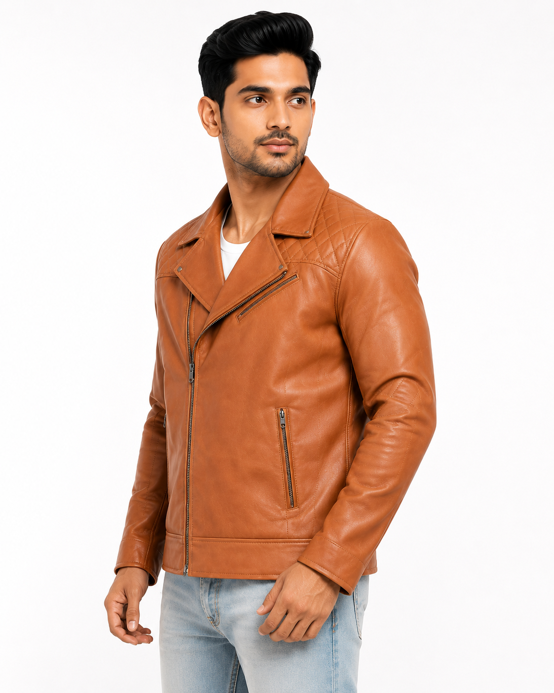 Men's Tan Biker Jacket - front angle