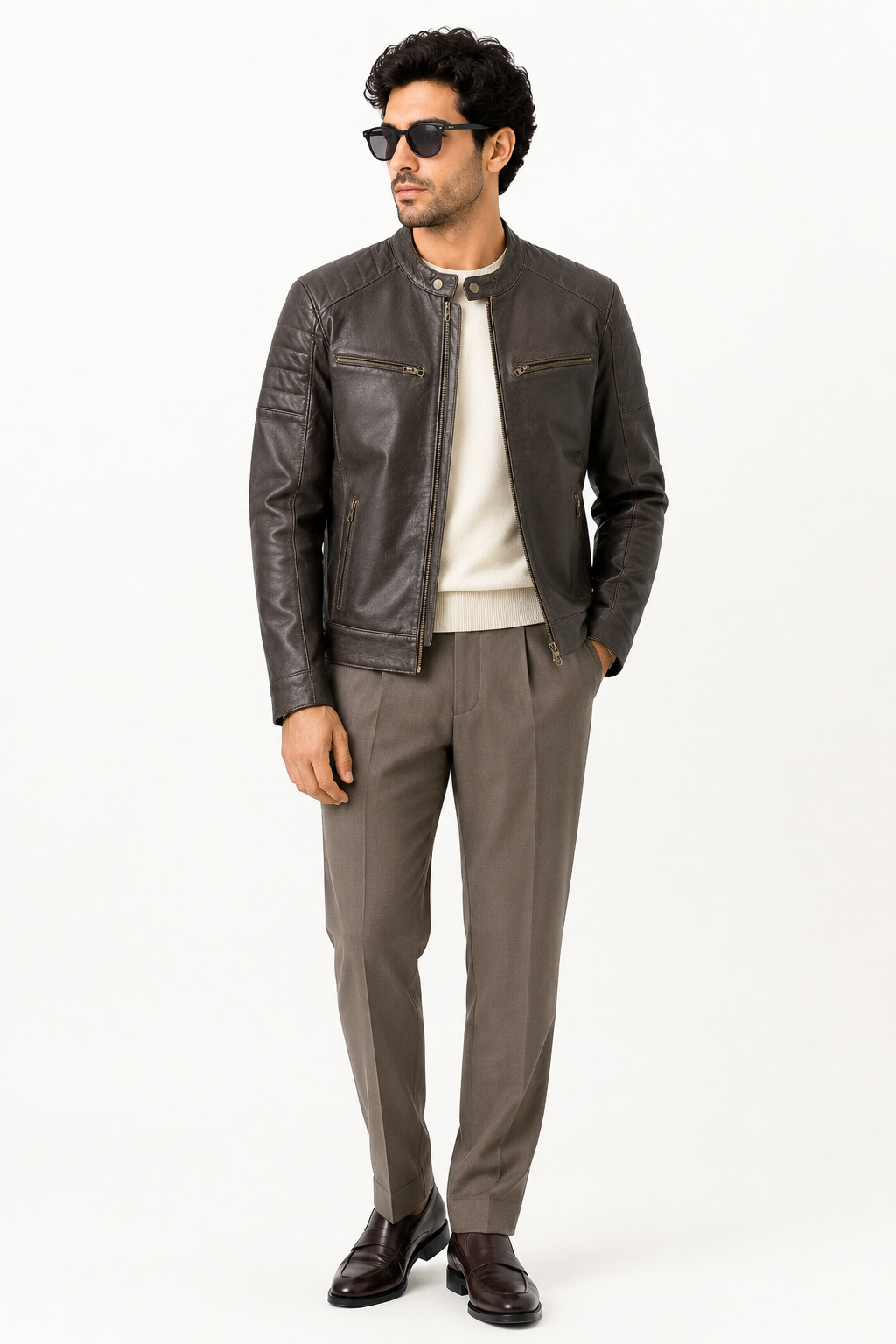 Men's Brown Cafe Racer Jacket - full front