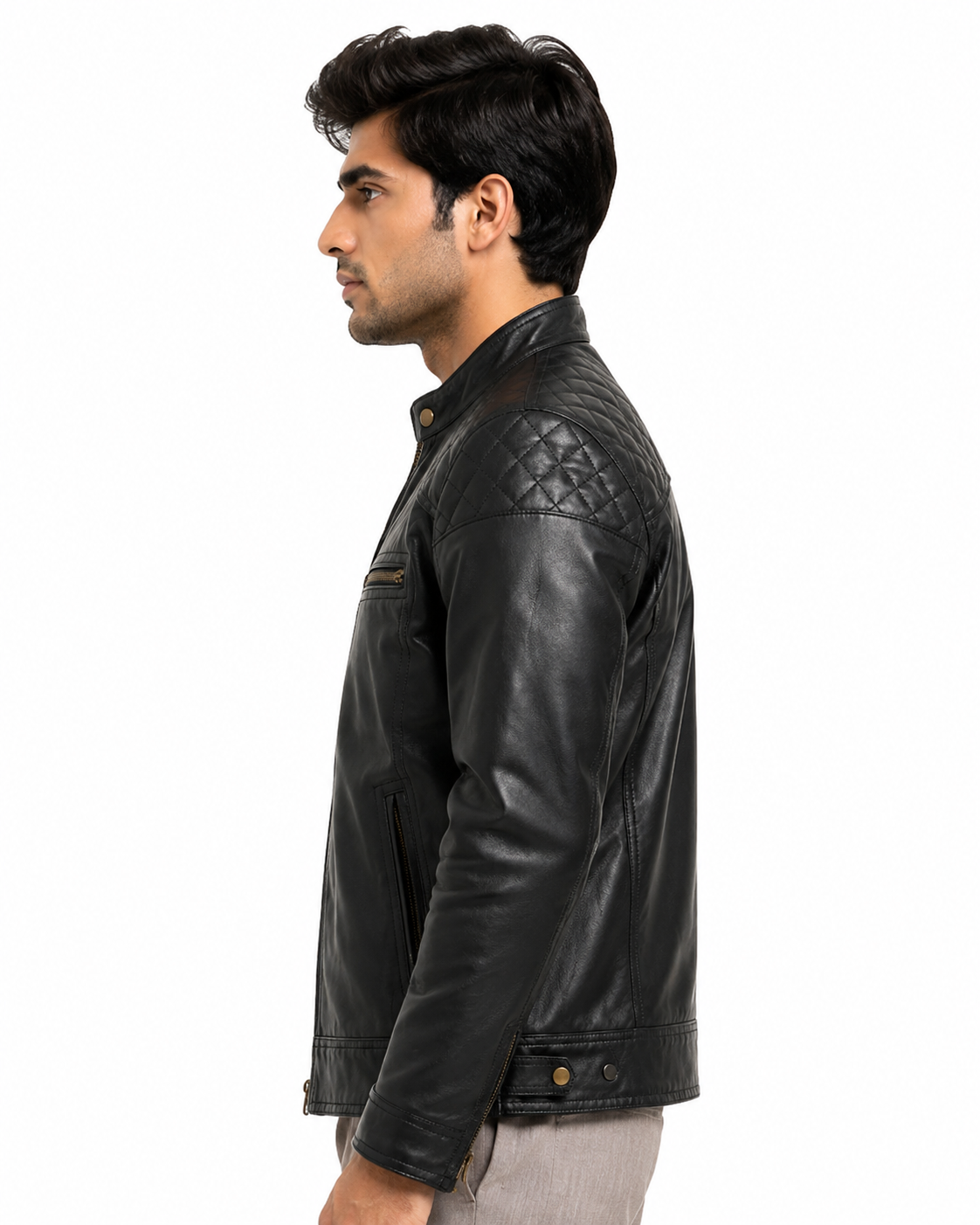 Men's Black Quilted Biker Jacket - side left