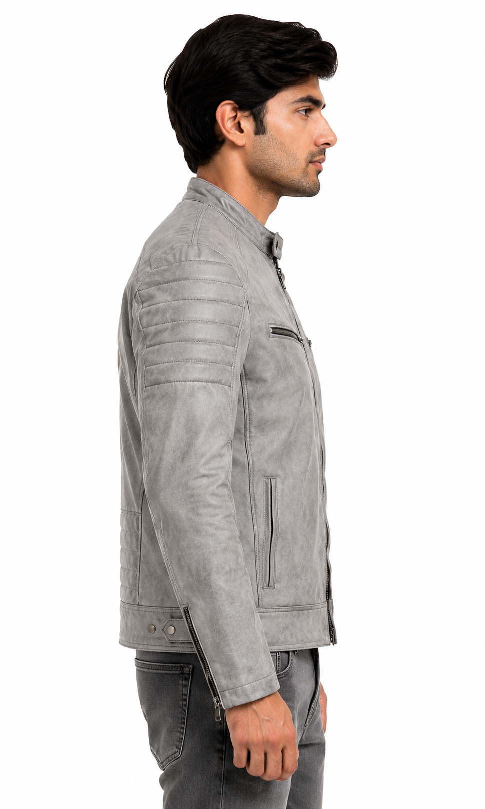 Men's Grey Cafe Racer Jacket - side right