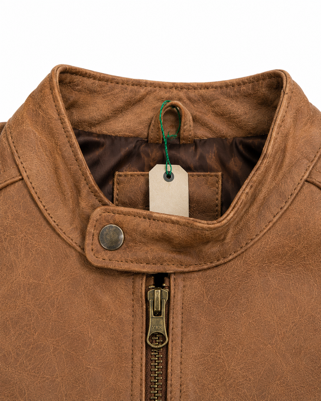 Men's Tan Cafe Racer Jacket - collar hangtag detail