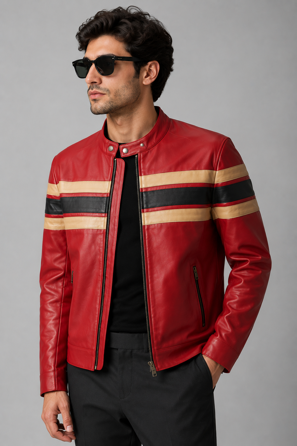 Men's Red Racing Stripe Jacket - front closeup