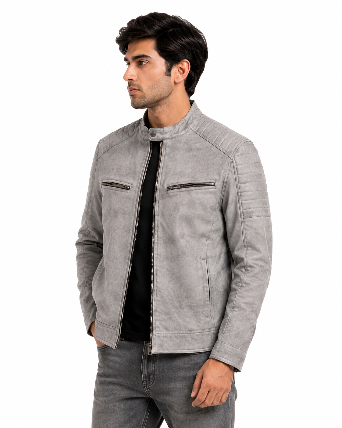 Men's Grey Cafe Racer Jacket - front