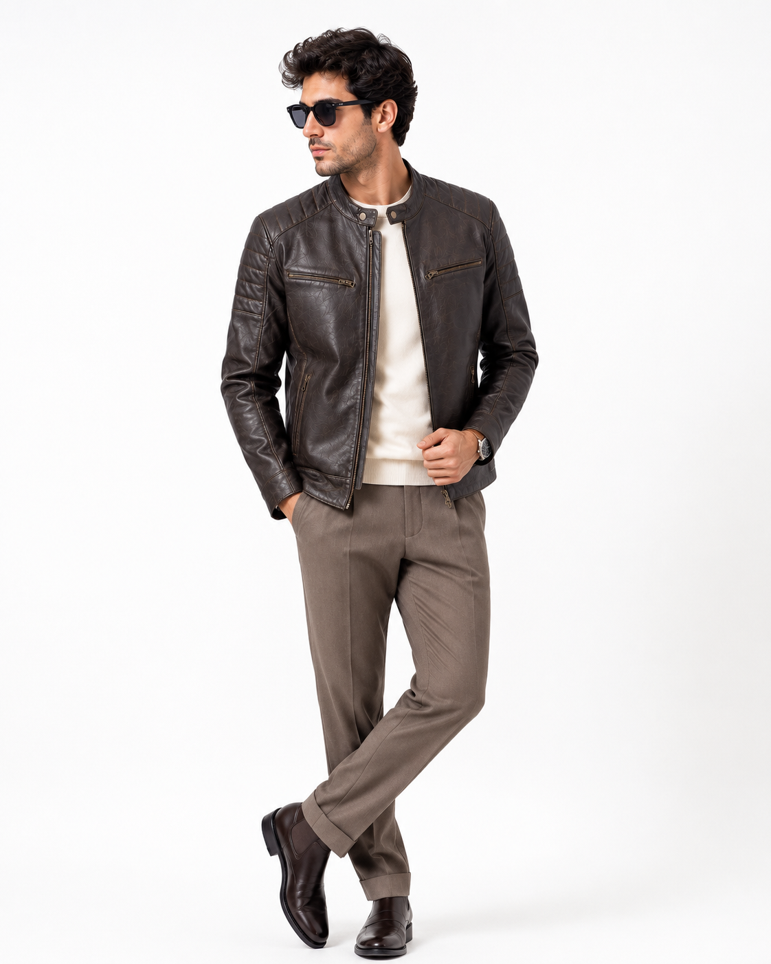 Men's Brown Cafe Racer Jacket - walking side