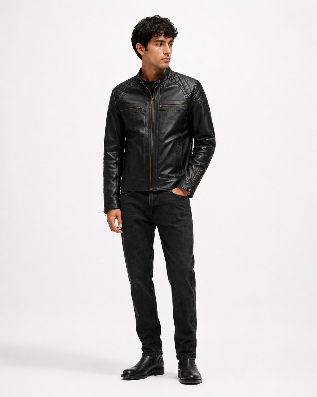 Men's Black Quilted Cafe Racer Jacket - full front