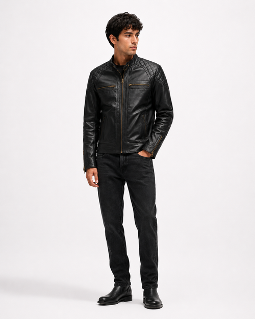 Men's Black Quilted Cafe Racer Jacket - full front