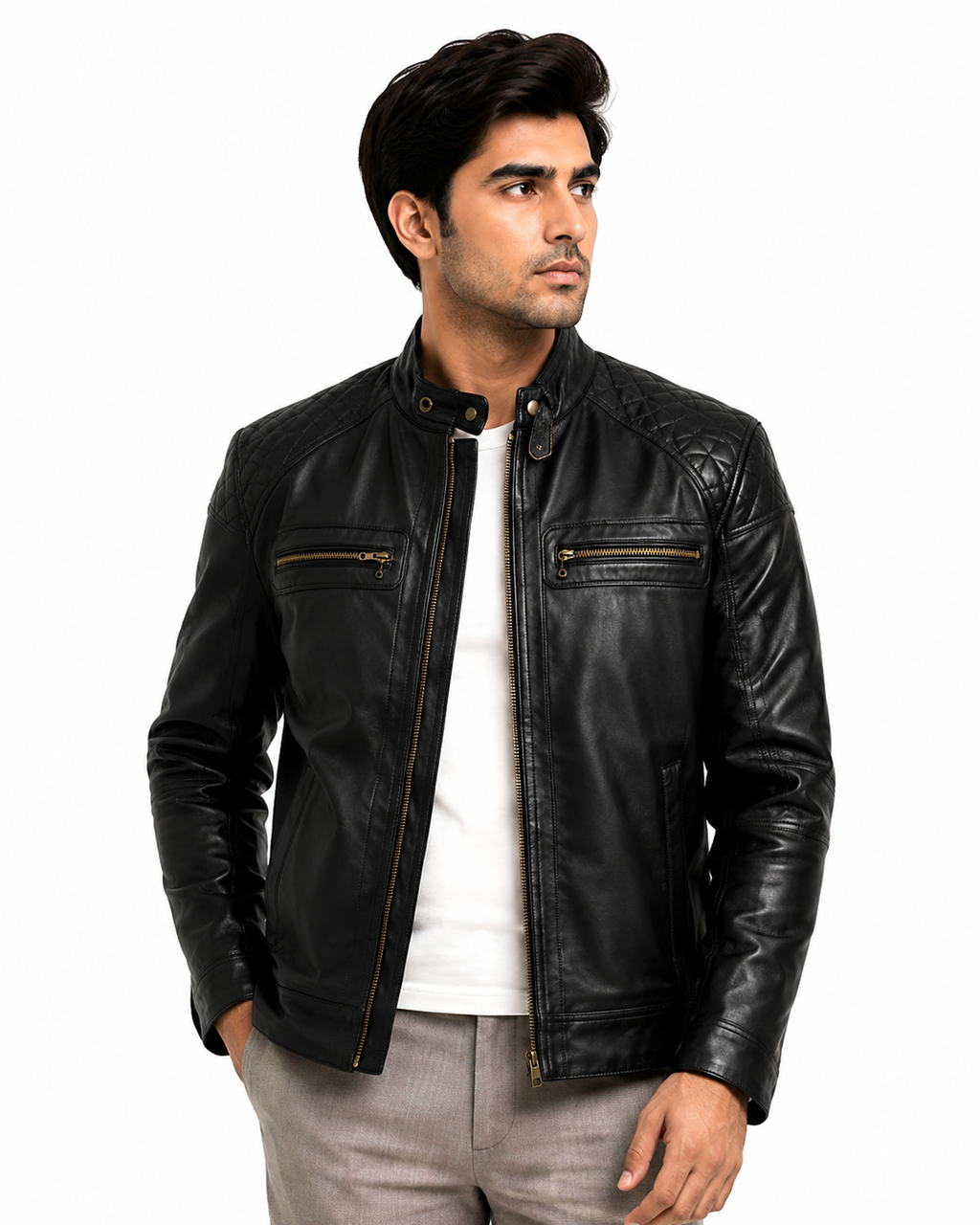 Men's Black Quilted Biker Jacket - front angle left