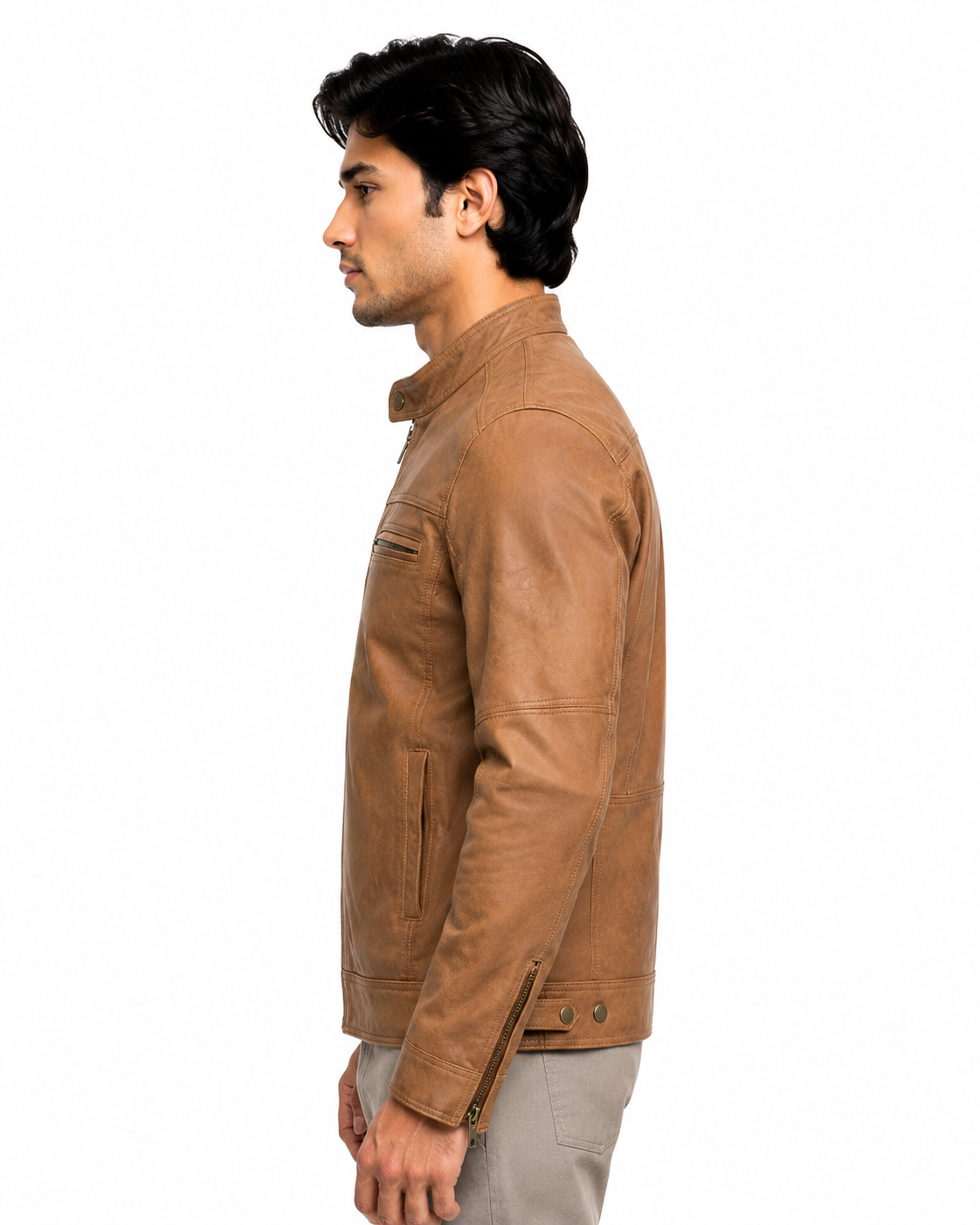 Men's Tan Cafe Racer Jacket - side left