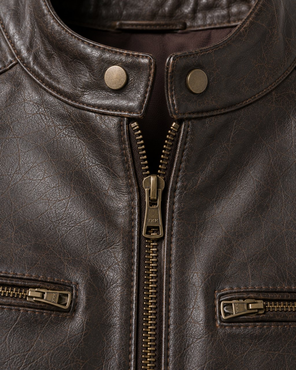 Men's Brown Cafe Racer Jacket - collar zipper detail