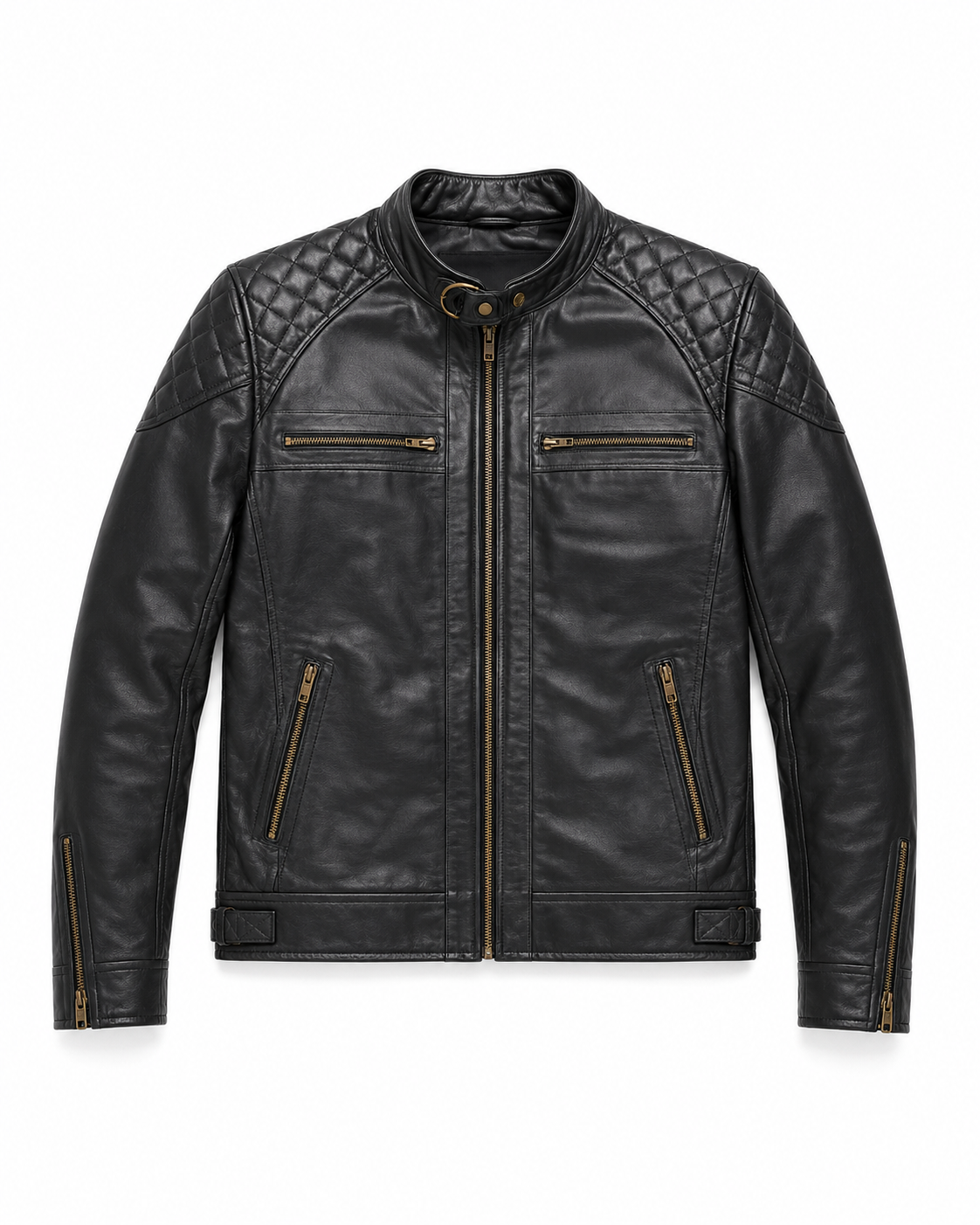 Men's Black Quilted Cafe Racer Jacket - flat front