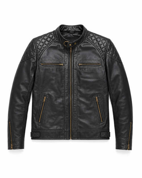 Men's Black Quilted Cafe Racer Jacket - flat front
