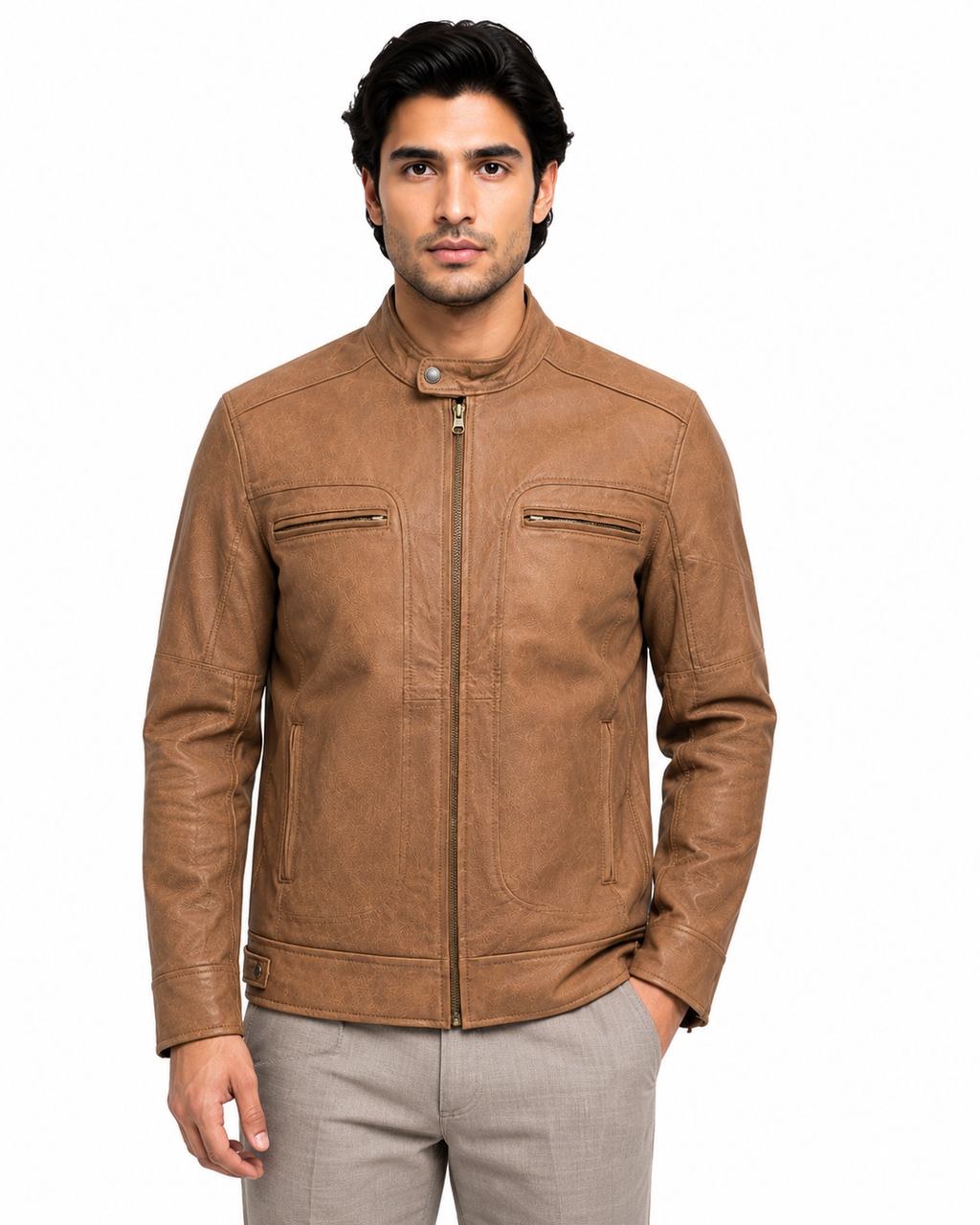 Men's Tan Cafe Racer Jacket - front