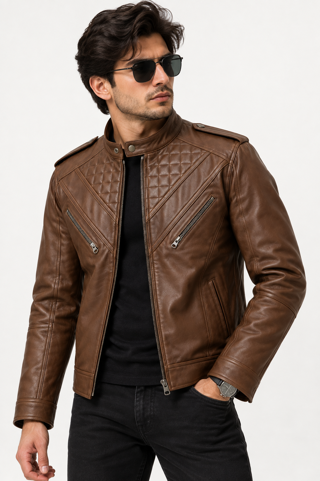 Men's Brown Quilted Biker Jacket