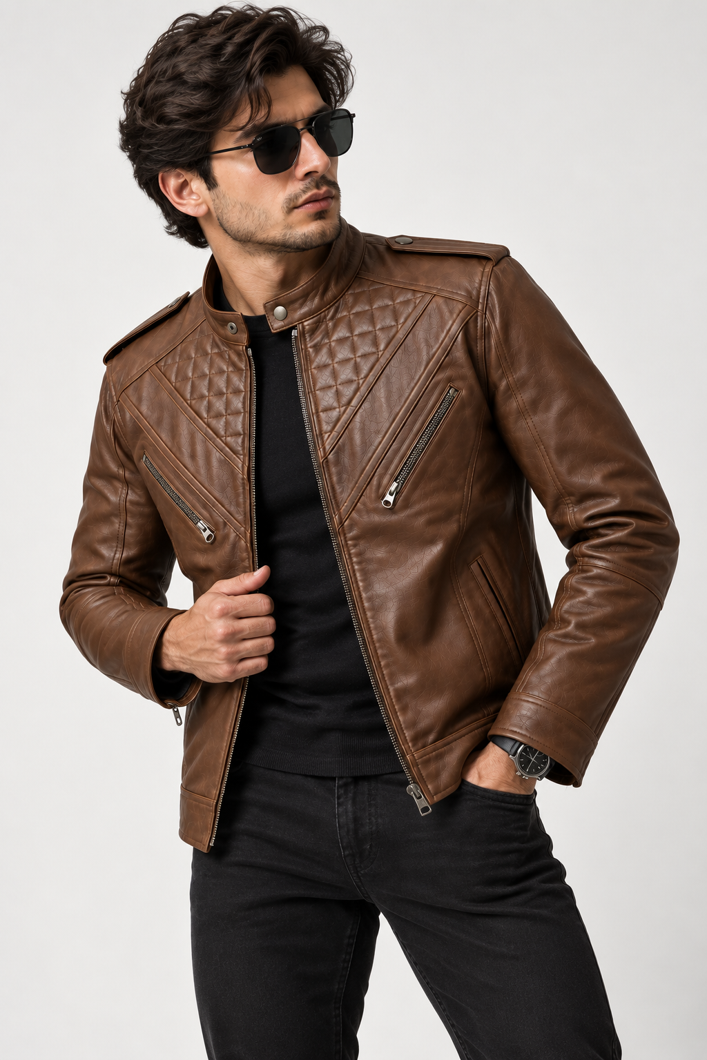 Men's Brown Quilted Biker Jacket